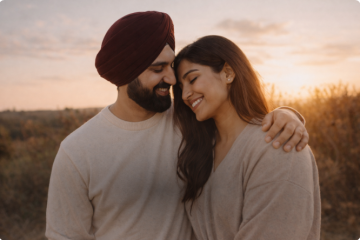An image of a Sikh couple walking in the fields