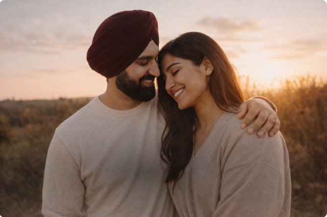 An image of a Sikh couple walking in the fields